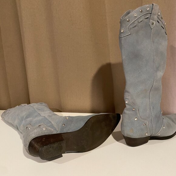 Steve Madden Y2K Light Blue Suede Studded Western Boots - 15" Tall Rodeo Style - Picture 10 of 12